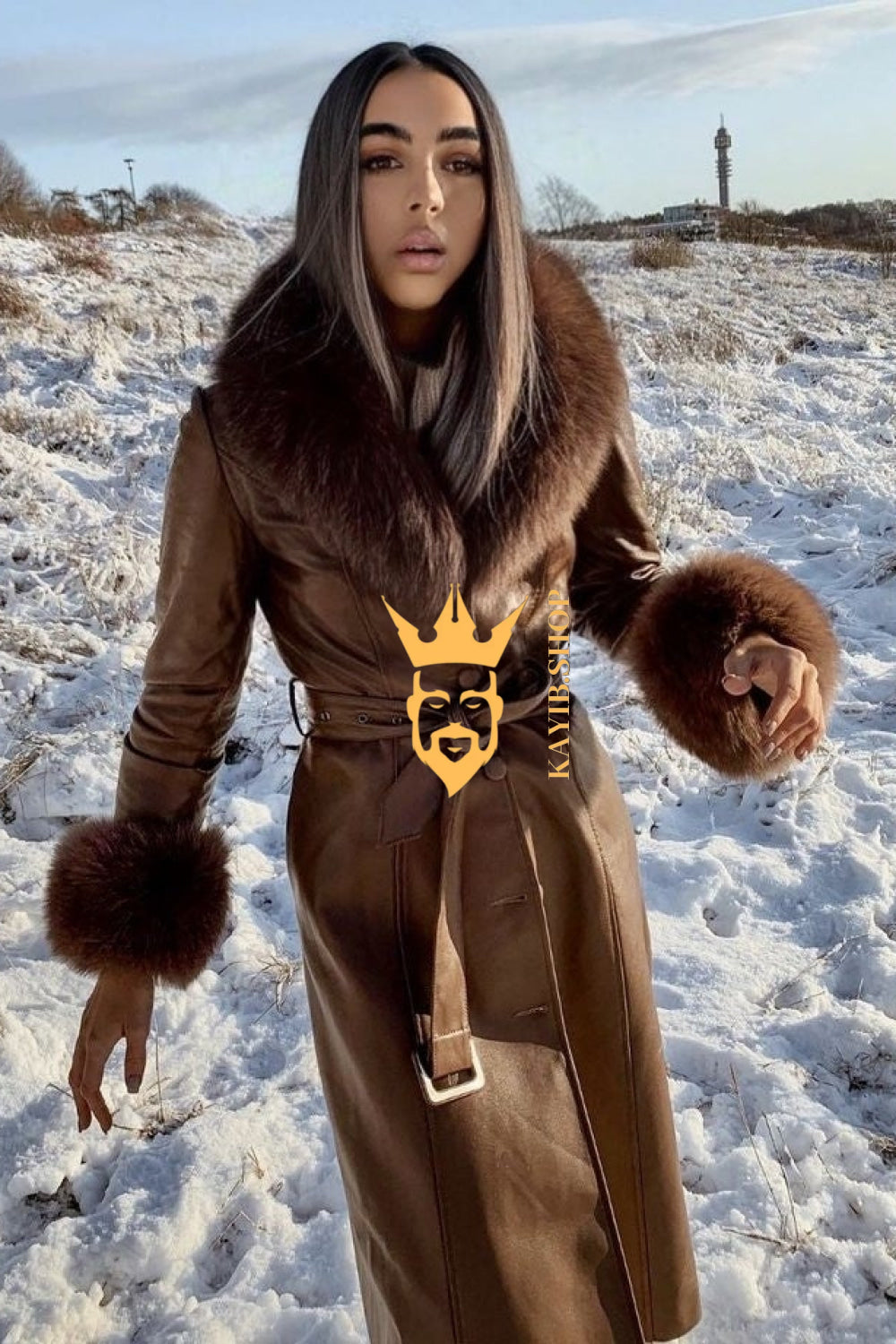 Women's Faux Leather Long Coat Jacket with Faux Fur Collar - Luxurious Elegance for Every Occasion - kayibstrore