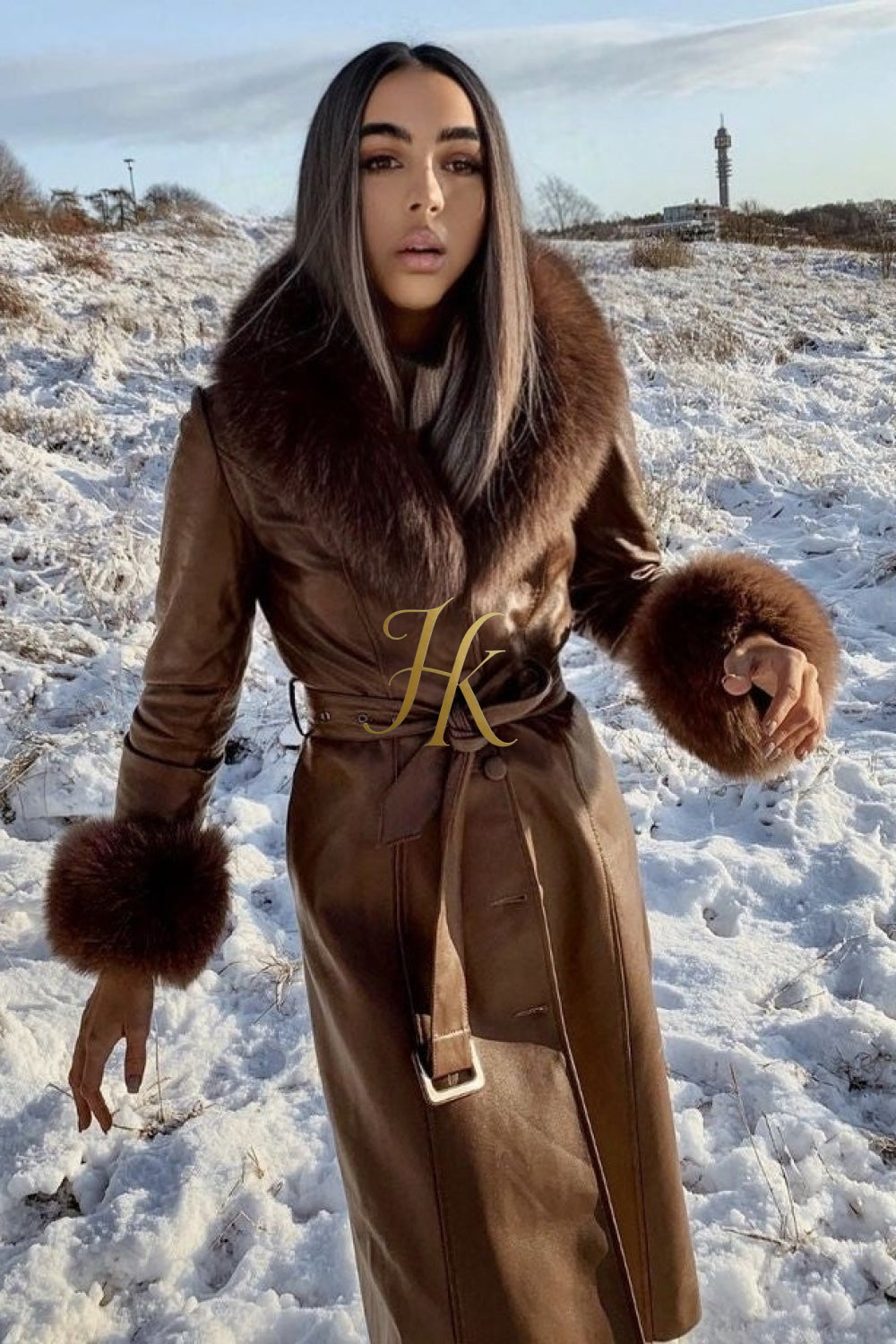 Women's Faux Leather Long Coat Jacket with Faux Fur Collar - Luxurious Elegance for Every Occasion - kayibstrore