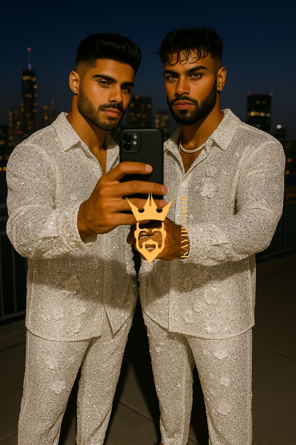 Men’s Luxury French Embroidered Lace Set – Handmade Pearls & Sequins Tulle Shirt and Pants