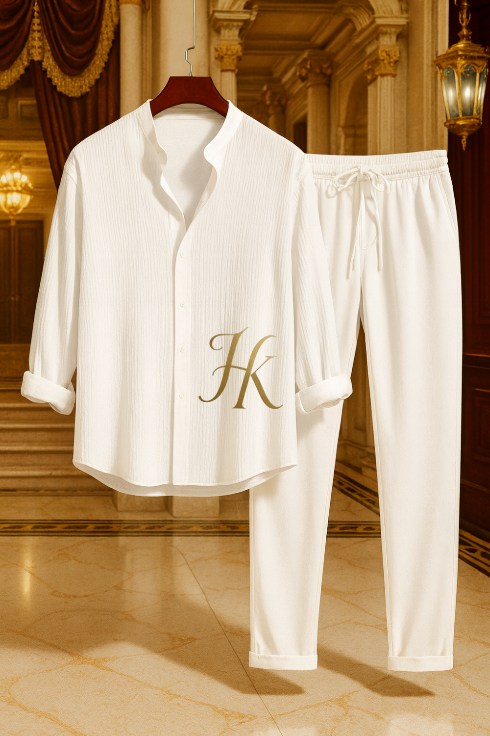 Men’s Two-Piece Shirt & Pants Set – Single-Breasted Top with Drawstring Straight Pants