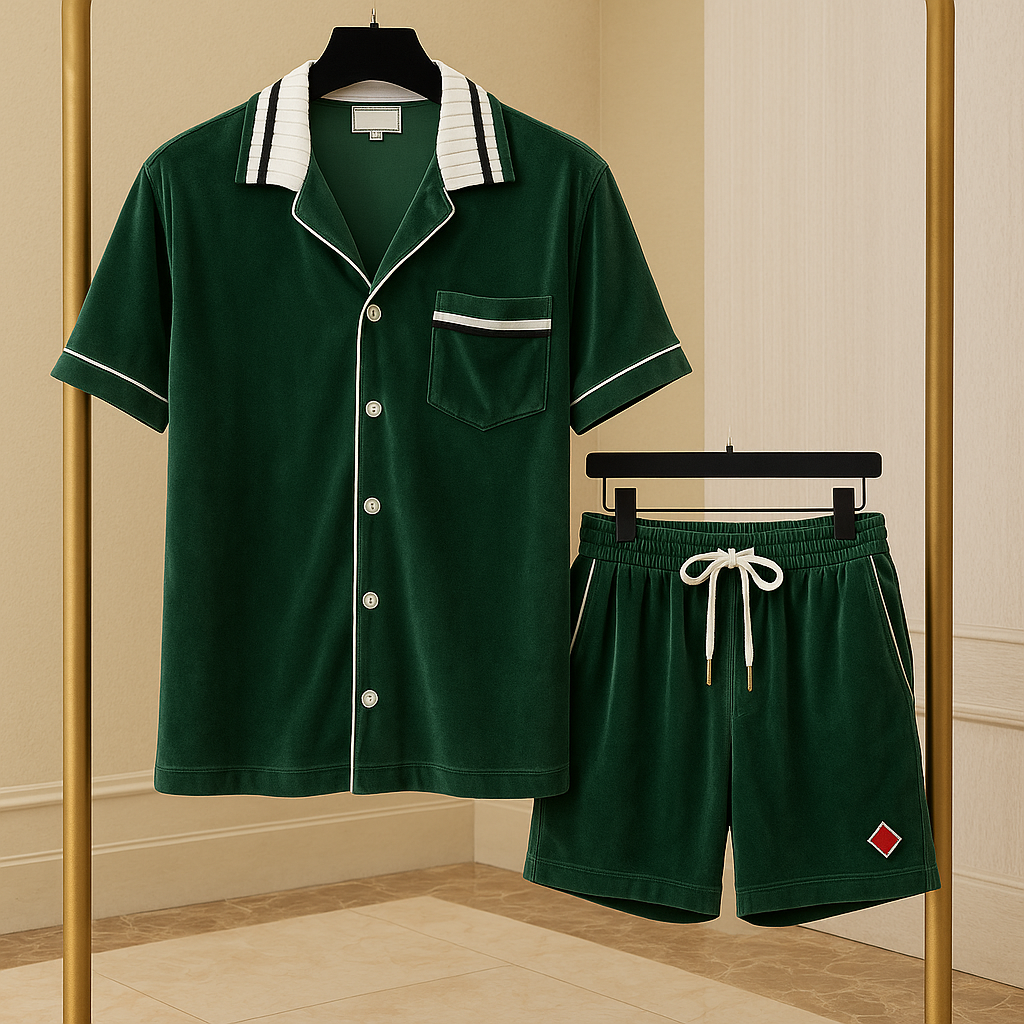 Men’s Velvet Shirt & Shorts Set with Turn-Down Collar