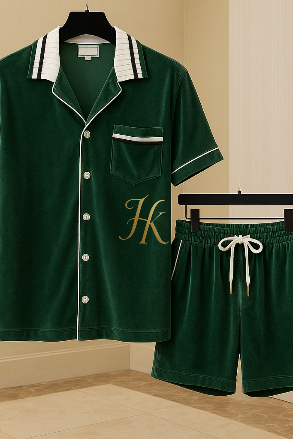 Men’s Velvet Shirt & Shorts Set with Turn-Down Collar