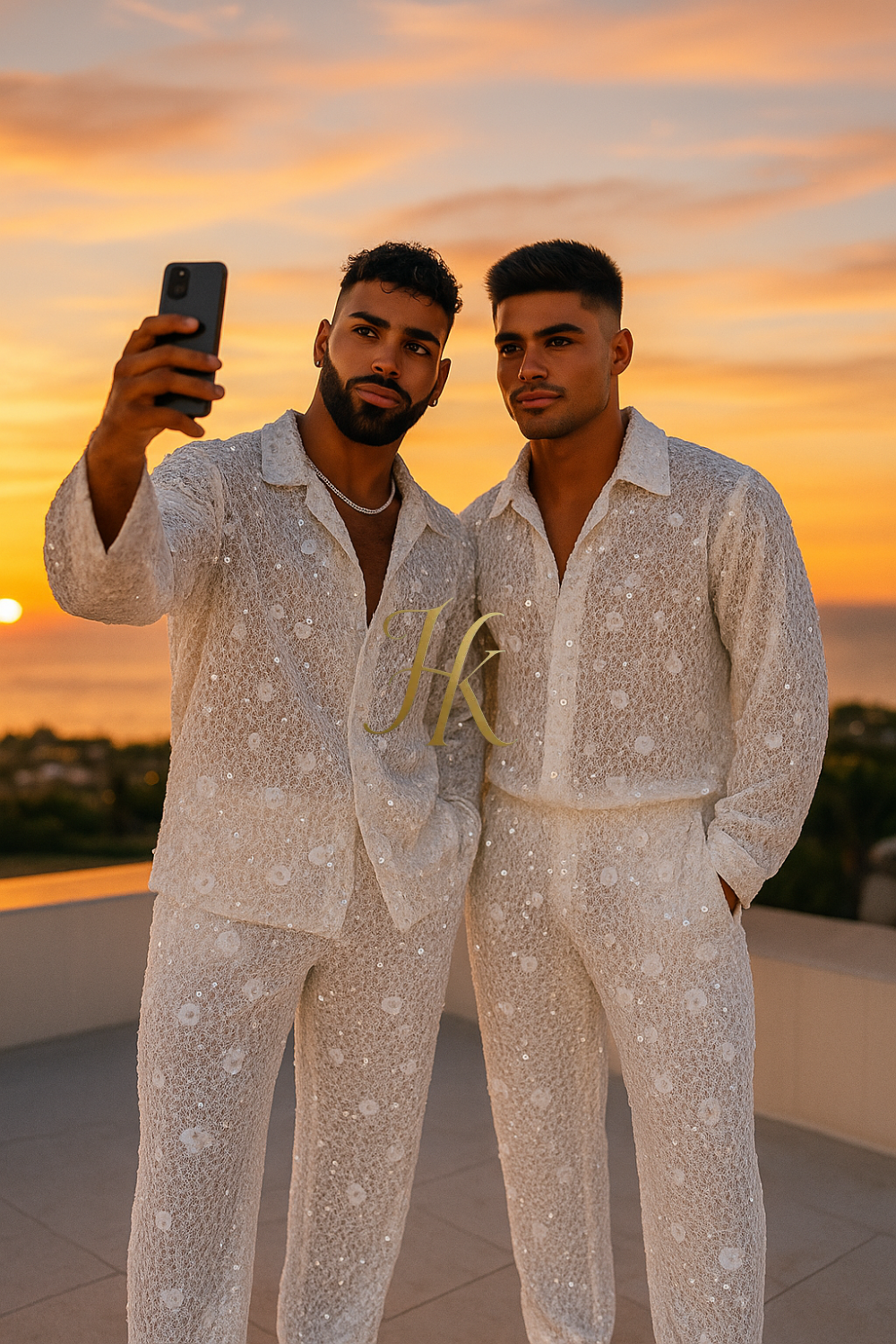 Men’s Luxury French Embroidered Lace Set – Handmade Pearls & Sequins Tulle Shirt and Pants