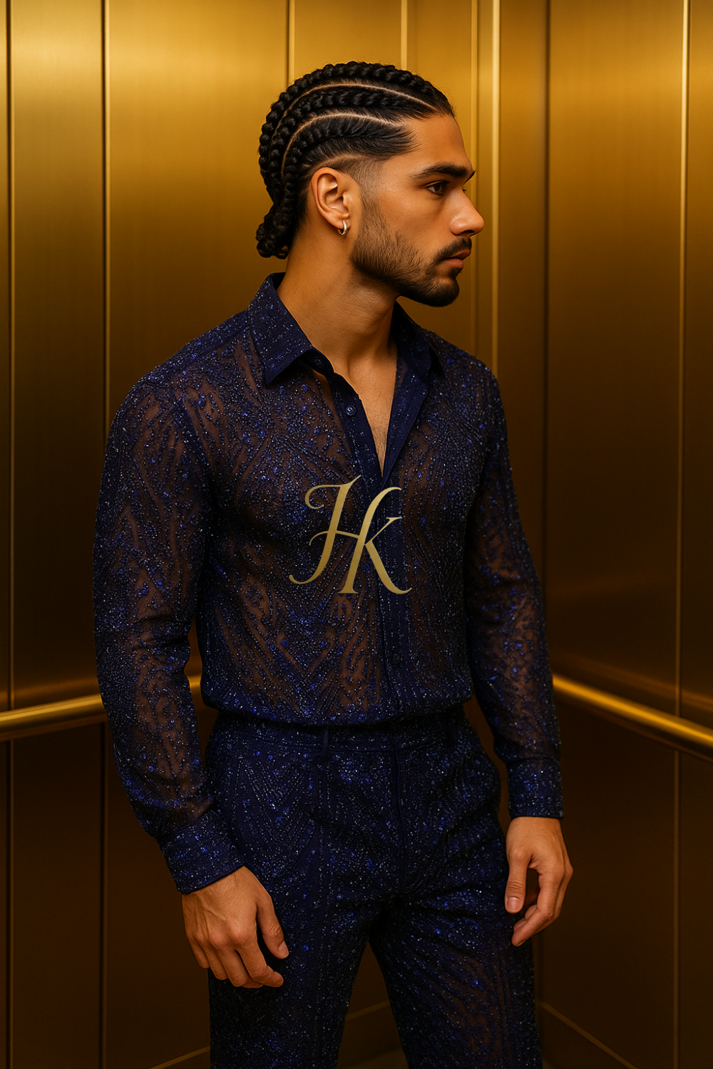 Men’s Luxury Lace Set – French Tulle with Sequins & Beaded Embroidery Shirt and Pants