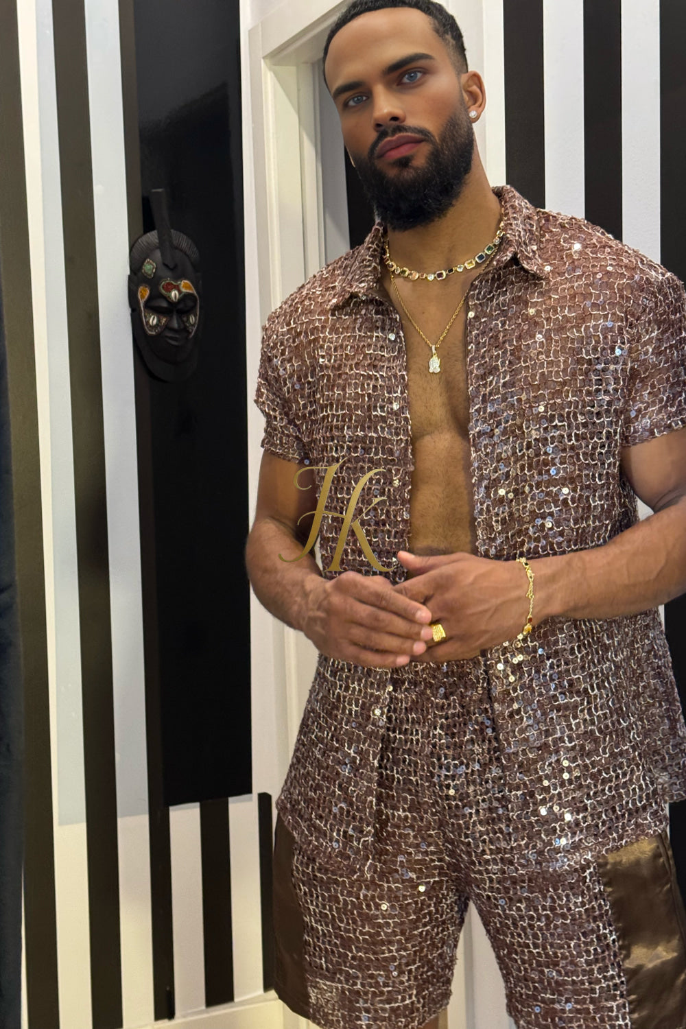 Velour Nights Mesh Shirt – Champagne Gold Elegance - kayibstrore