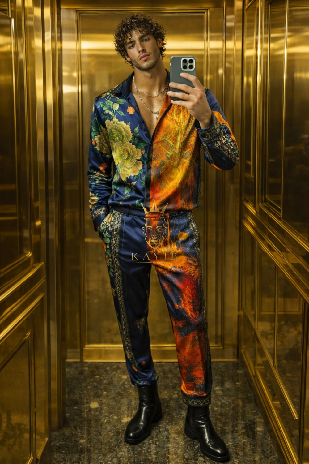 Men’s Premium Silk Ensemble – Wide-Leg Pants & Shirt - kayibstrore