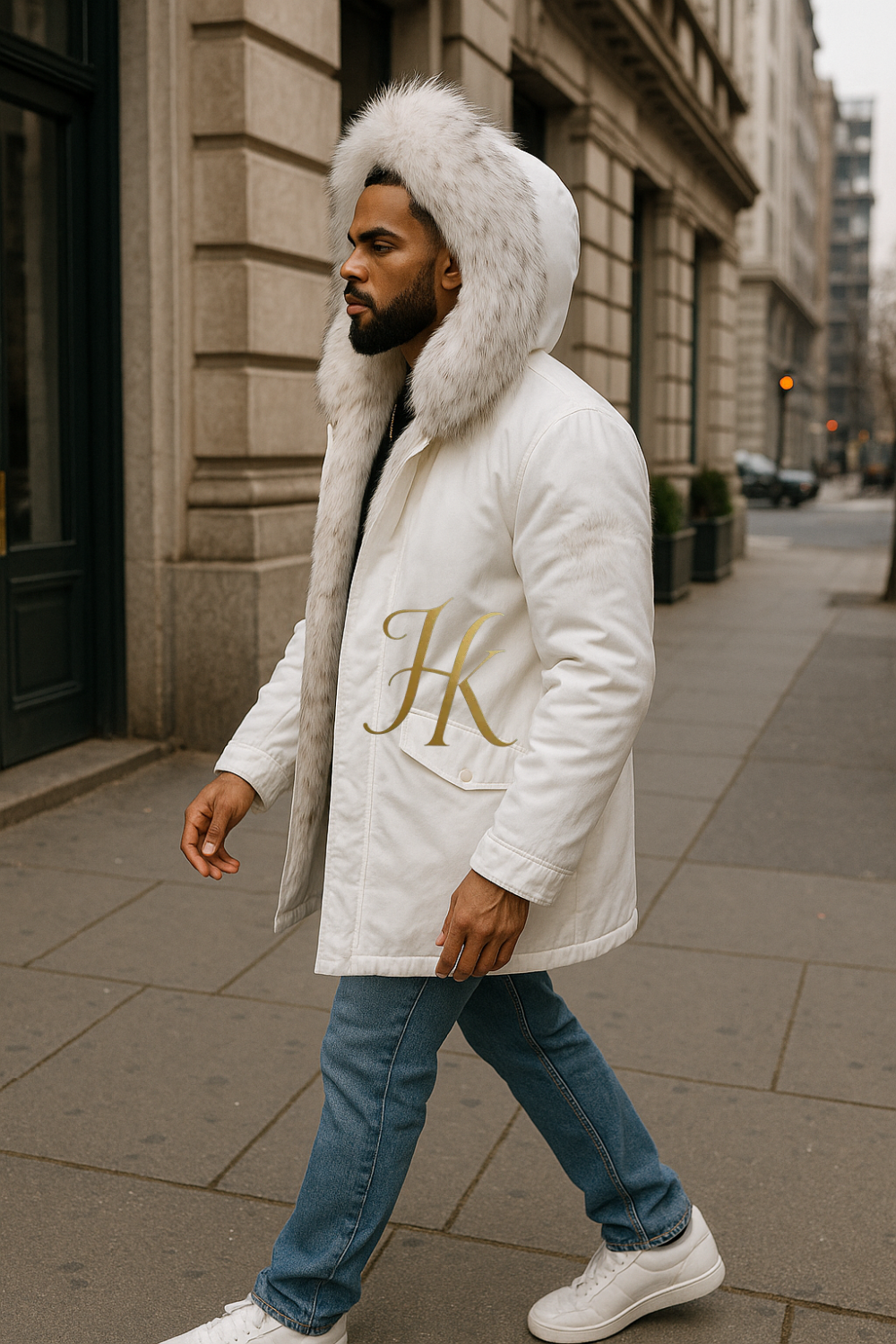 White Men's Luxury handmade fox fur Coats Parka
