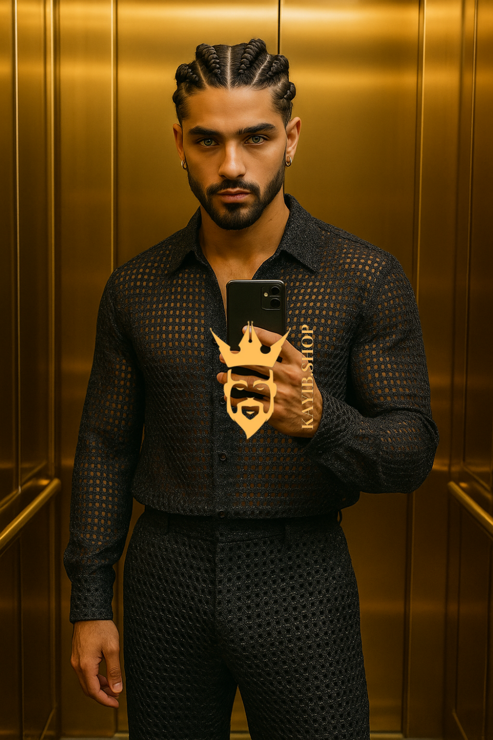 Men’s Metallic Mesh Outfit Set – 3D Foil Textured Shirt & Pants in Luxury Interwoven Fabric