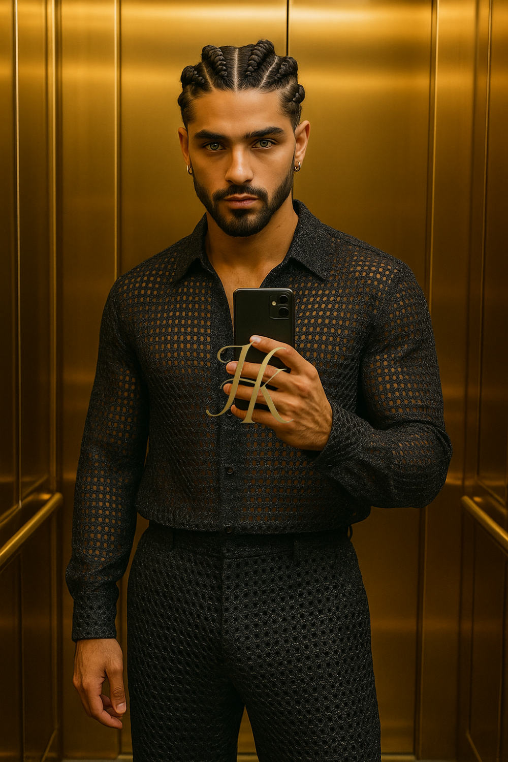 Men’s Metallic Mesh Outfit Set – 3D Foil Textured Shirt & Pants in Luxury Interwoven Fabric