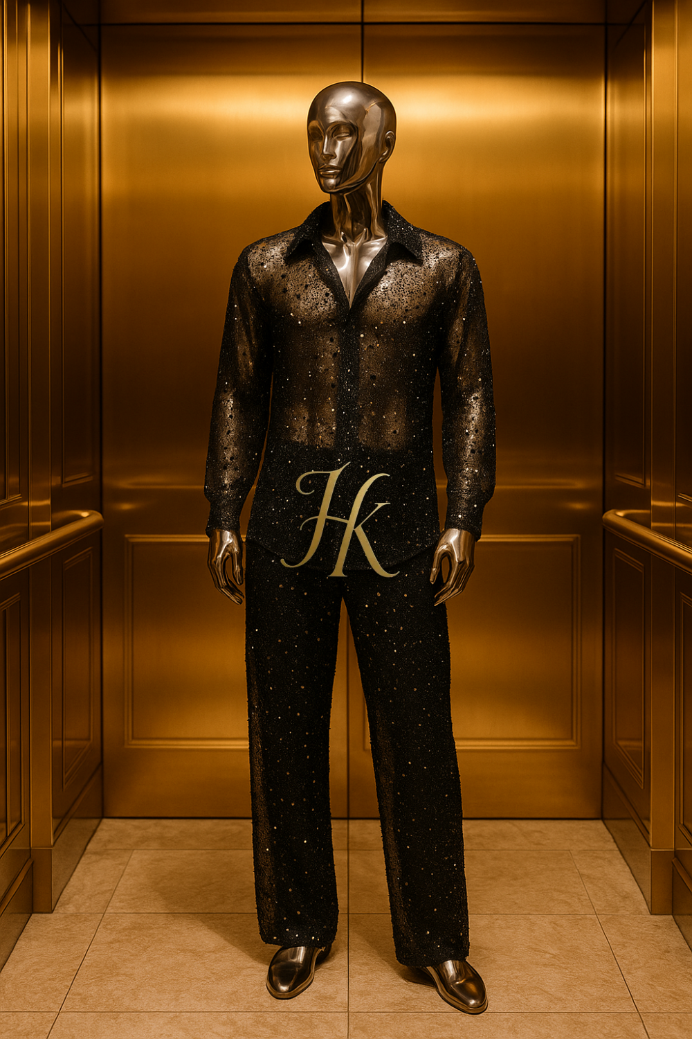 Men’s Premium Lace Set – French Tulle with Sequins & Beaded Embroidery Shirt and Pants