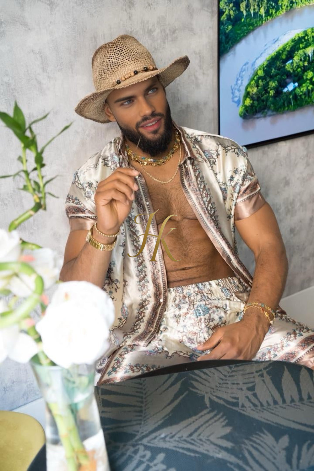 Luxury Boho Silk Shirt Set - Festival Outfit, Boho Handmade Men's Fashion - kayibstrore