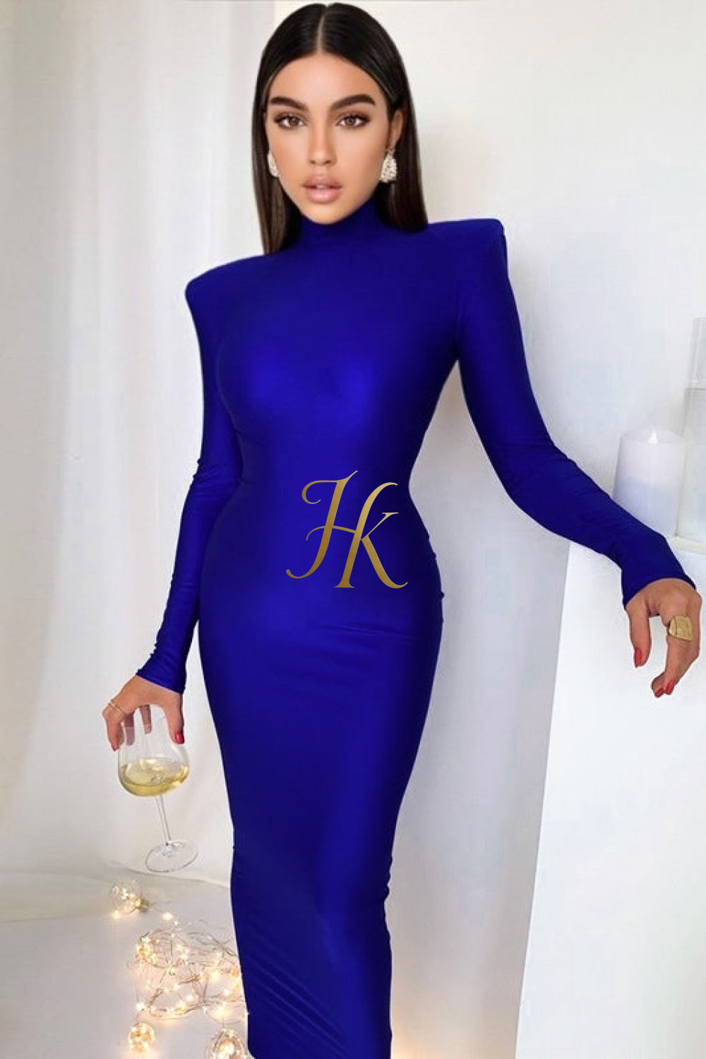 2023 New Year Turtleneck Maxi Dress with Shoulder Pads - Elegant Streetwear Women's Fashion - Long Sleeve Skinny Dress - Gift for Her - kayibstrore