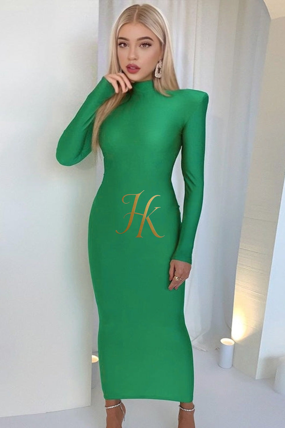 2023 New Year Turtleneck Maxi Dress with Shoulder Pads - Elegant Streetwear Women's Fashion - Long Sleeve Skinny Dress - Gift for Her - kayibstrore