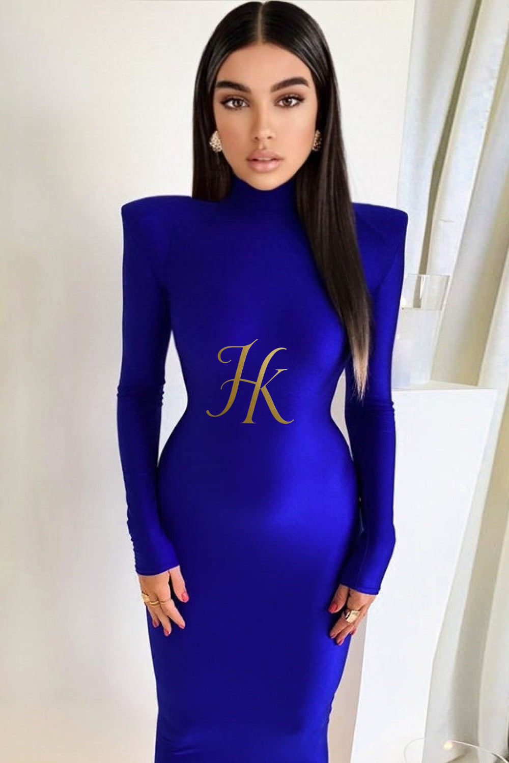 2023 New Year Turtleneck Maxi Dress with Shoulder Pads - Elegant Streetwear Women's Fashion - Long Sleeve Skinny Dress - Gift for Her - kayibstrore