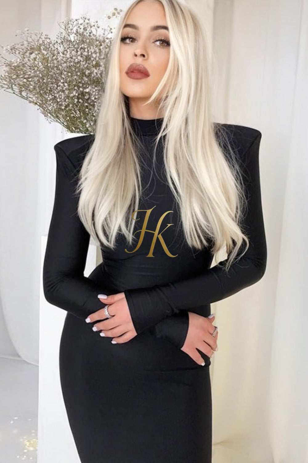 2023 New Year Turtleneck Maxi Dress with Shoulder Pads - Elegant Streetwear Women's Fashion - Long Sleeve Skinny Dress - Gift for Her - kayibstrore
