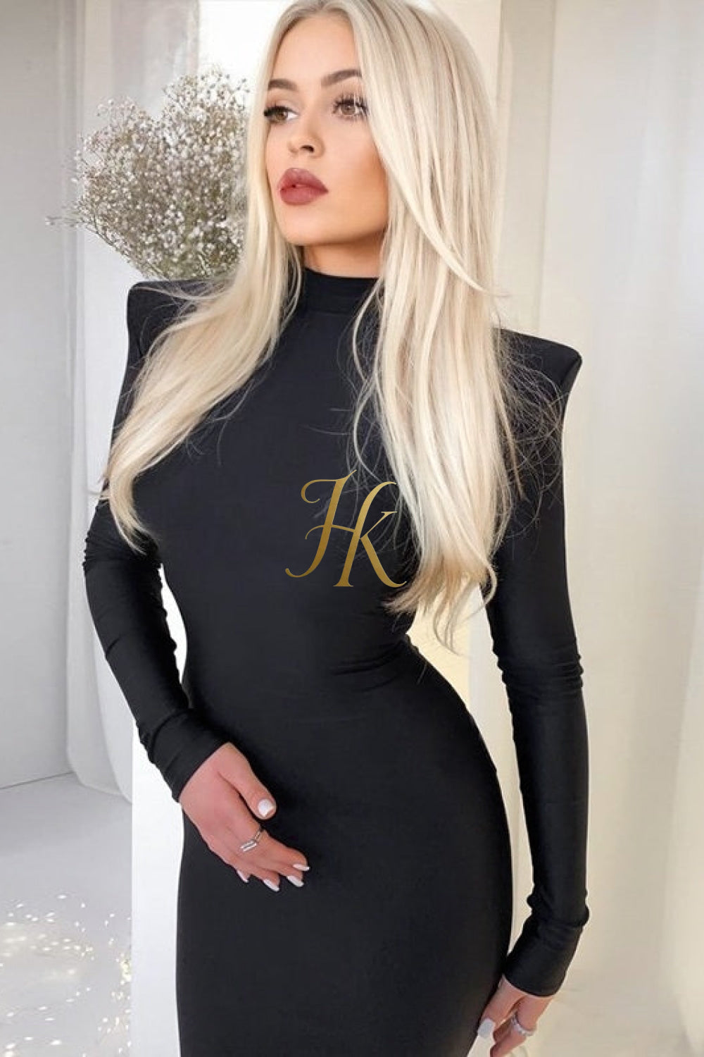 2023 New Year Turtleneck Maxi Dress with Shoulder Pads - Elegant Streetwear Women's Fashion - Long Sleeve Skinny Dress - Gift for Her - kayibstrore