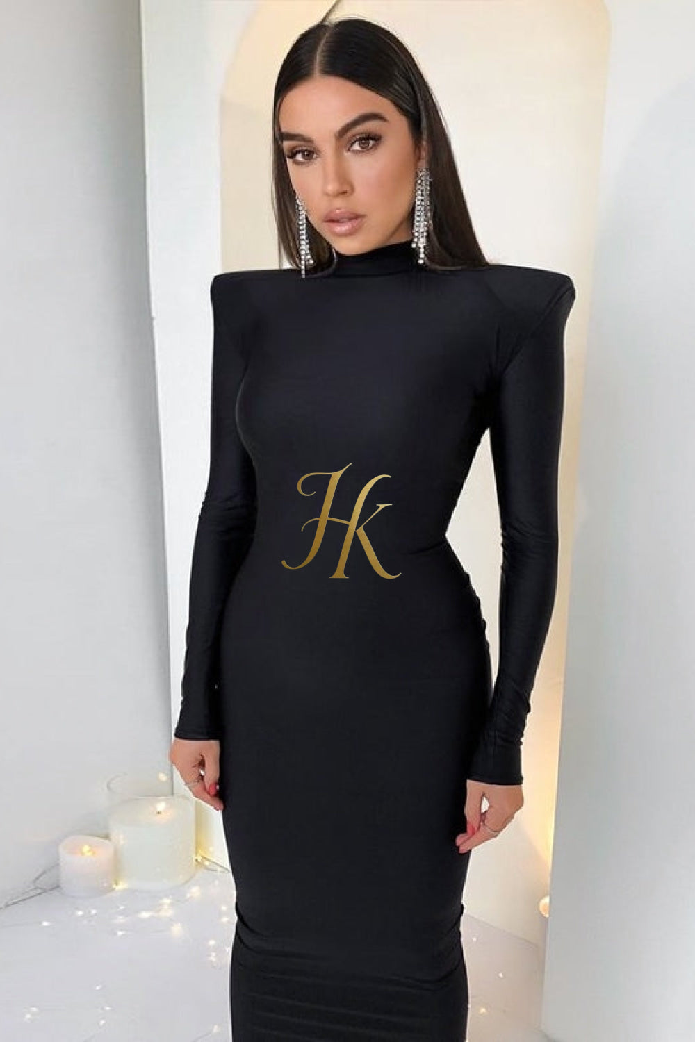 2023 New Year Turtleneck Maxi Dress with Shoulder Pads - Elegant Streetwear Women's Fashion - Long Sleeve Skinny Dress - Gift for Her - kayibstrore