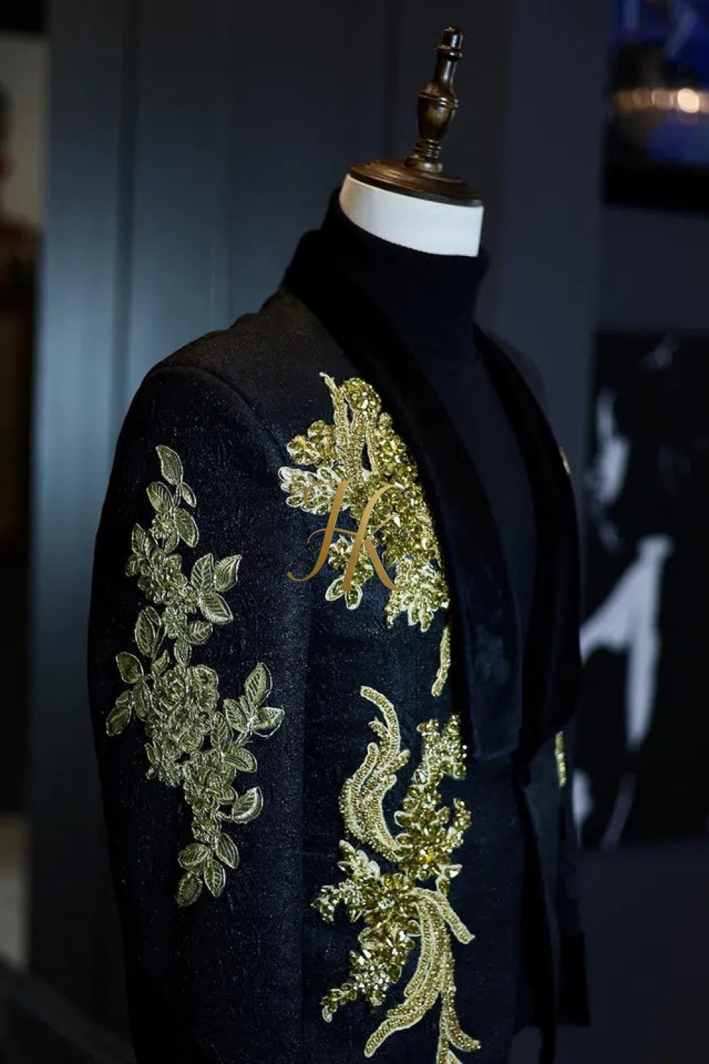 Luxurious Custom Men's Suit: Sheer Velvet Lapel 2-Piece Set with Appliques, Beads, Diamonds | Tailored Plus Size Options Available - kayibstrore