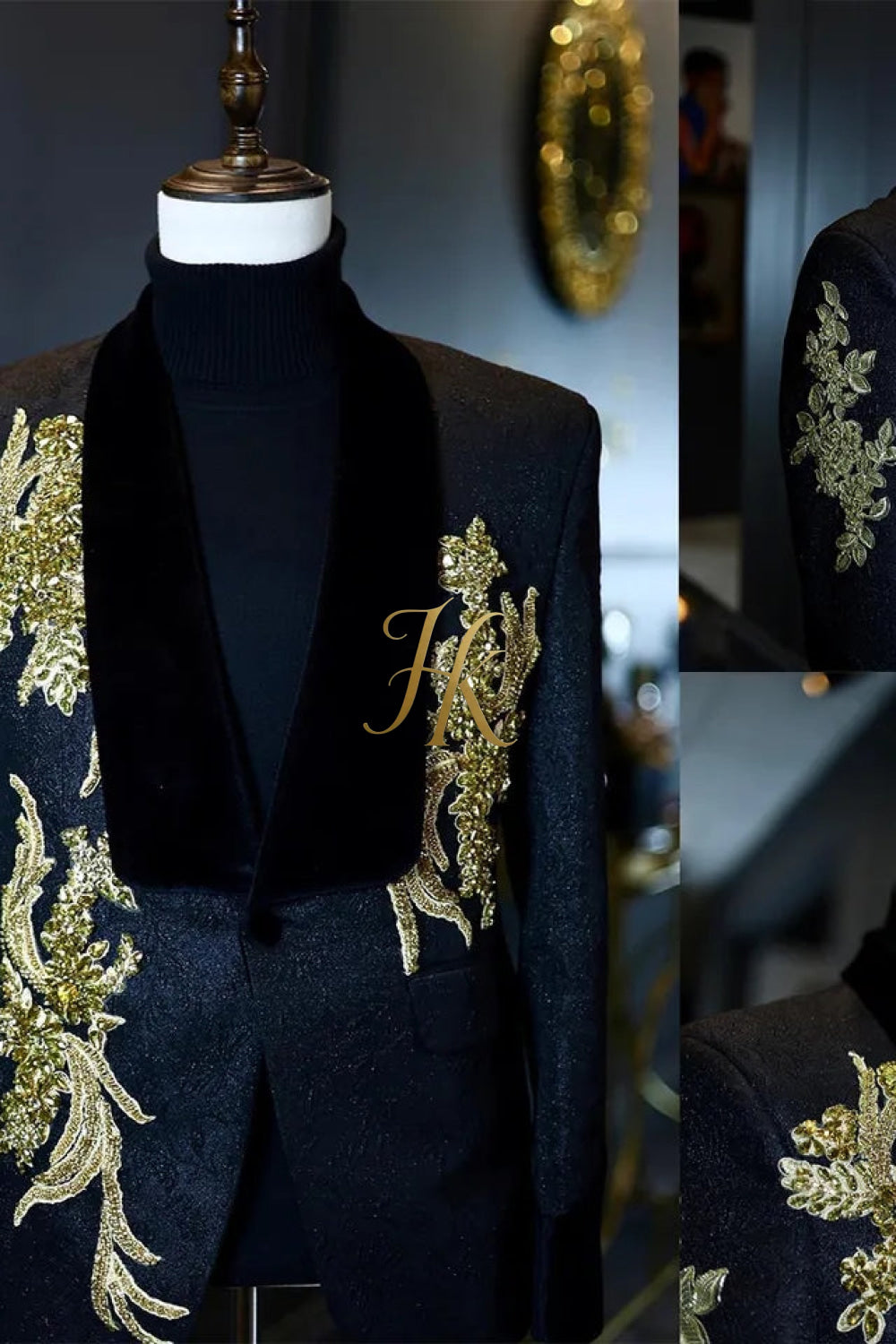 Luxurious Custom Men's Suit: Sheer Velvet Lapel 2-Piece Set with Appliques, Beads, Diamonds | Tailored Plus Size Options Available - kayibstrore