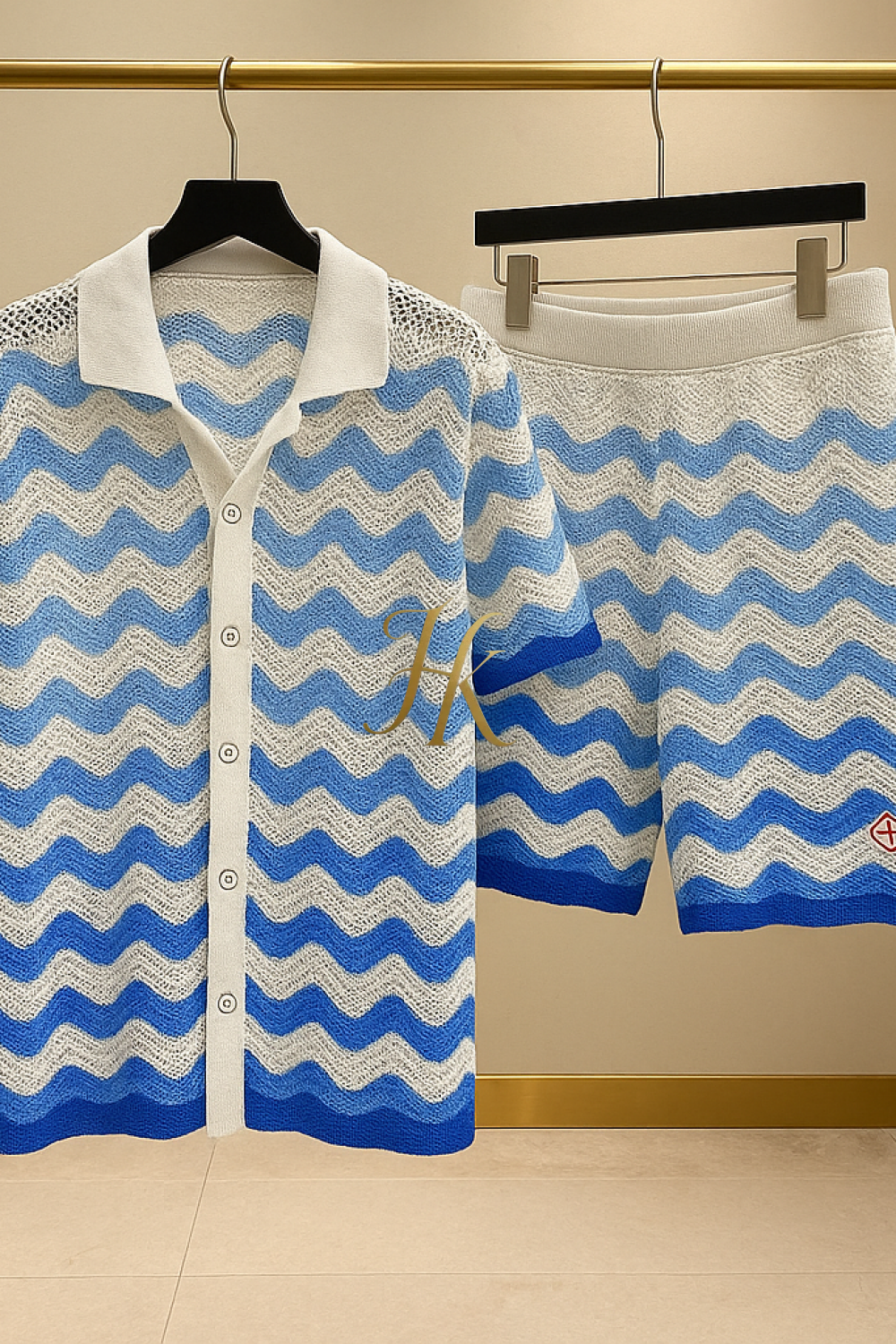Trendy Knitted Wool Shirt with Wave Pattern & Collar set 2pcs