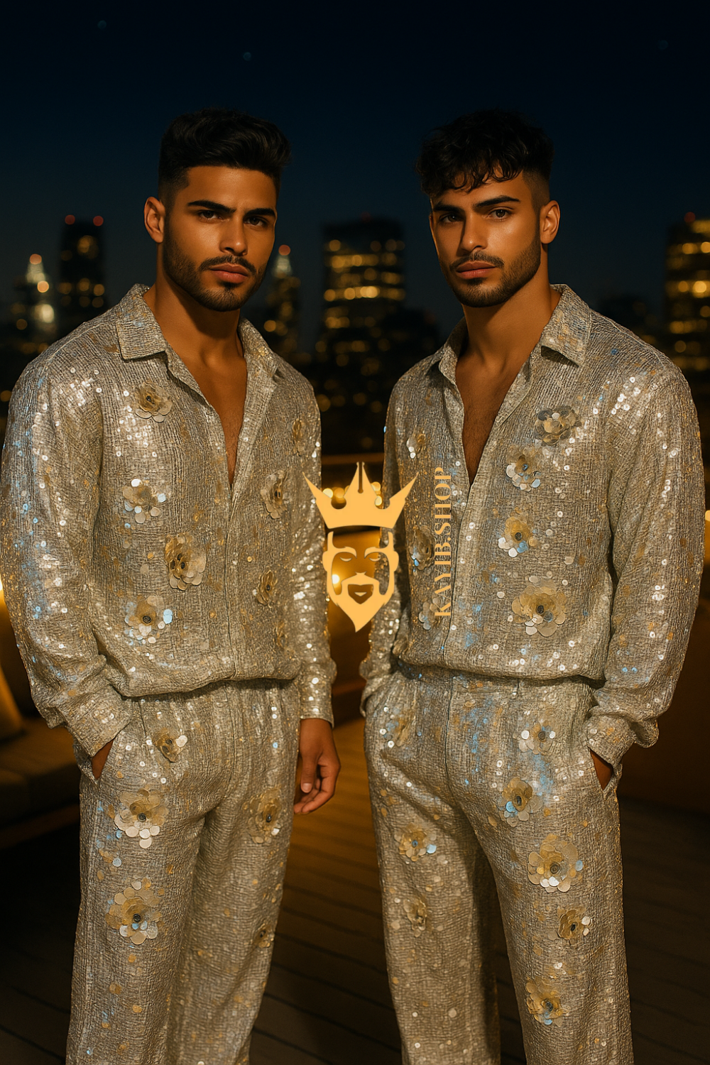 Men’s Luxury Silver Sequin Lace Set – Handmade Embroidered Net Fabric Shirt & Pants