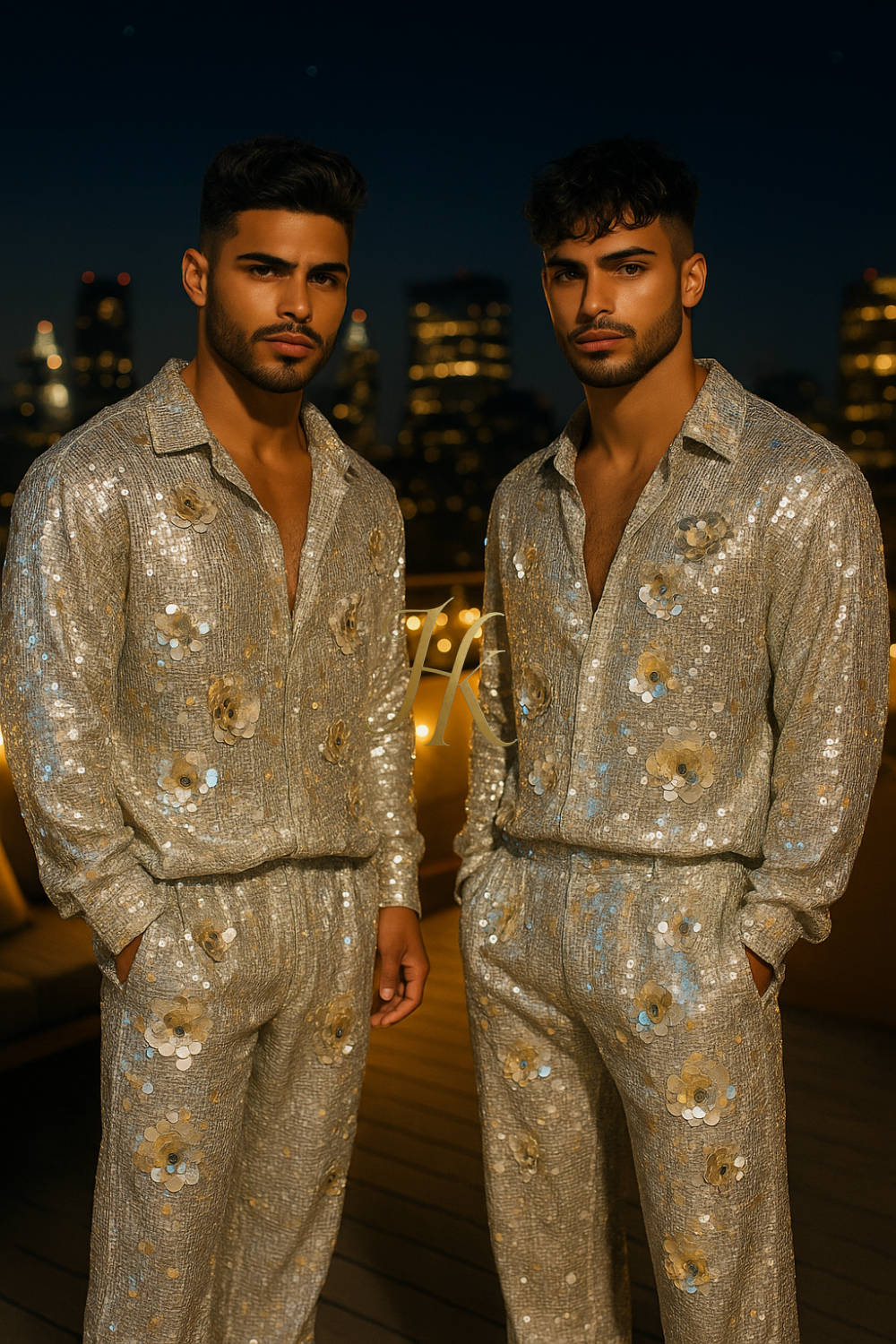 Men’s Luxury Silver Sequin Lace Set – Handmade Embroidered Net Fabric Shirt & Pants