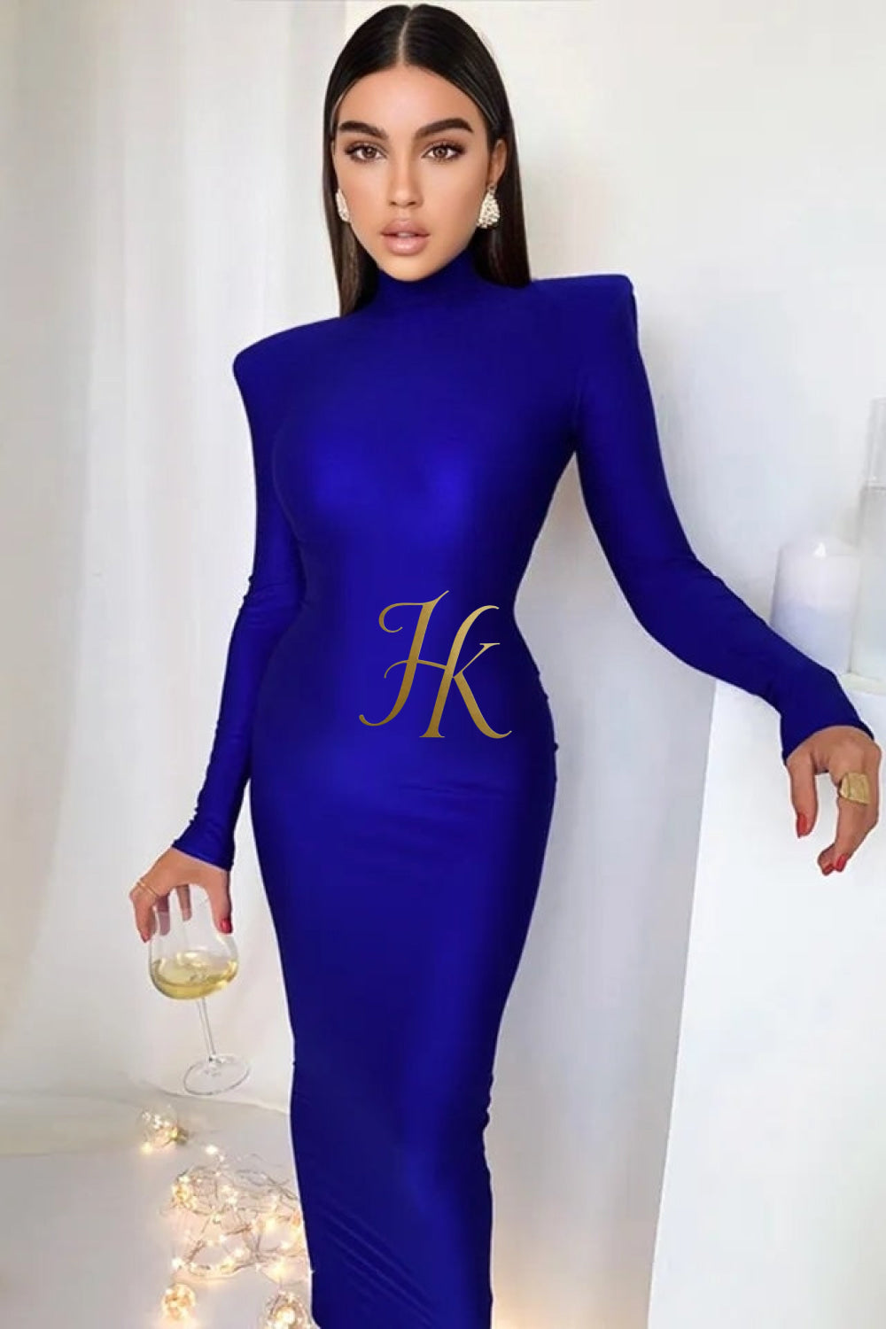 2023 New Year Turtleneck Maxi Dress with Shoulder Pads - Elegant Streetwear Women's Fashion - Long Sleeve Skinny Dress - Gift for Her - kayibstrore