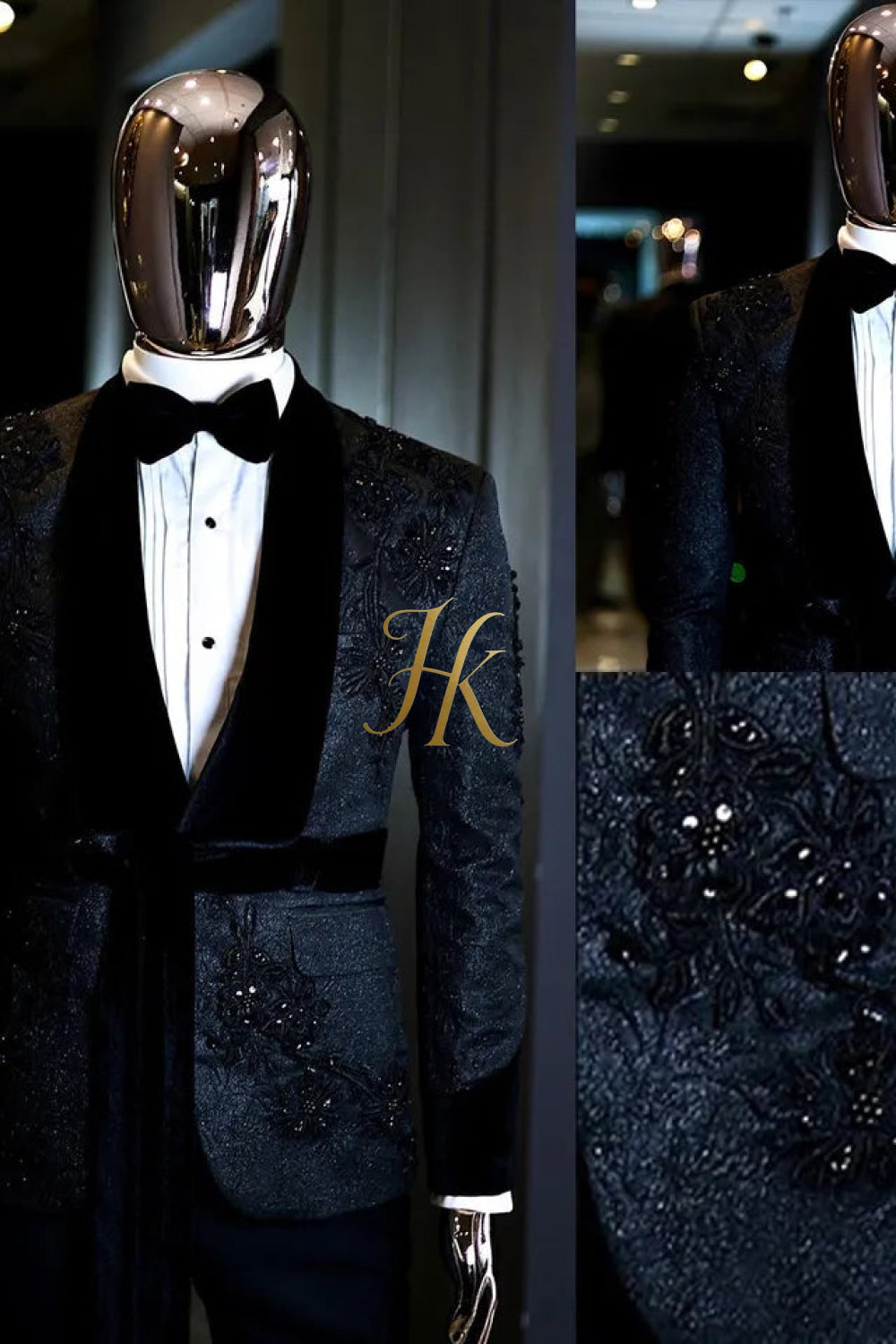 Custom 2-Piece Men's Suit with Sheer Velvet Lapel: Blazer and Pants - Appliques, Beads, Diamonds | Tailored Plus Size Options - kayibstrore