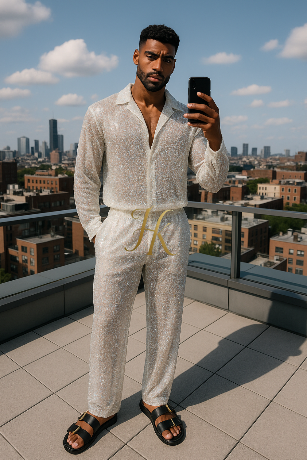Men’s Luxury Embroidered Lace Set – Handmade Beaded Net Fabric with Sequins (High-End Couture Design)