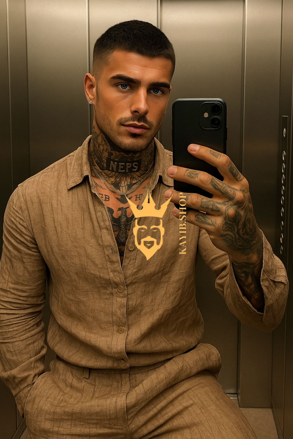 Men’s Vintage Artistic Set – Brown Artificial Silk Linen Texture Cardigan Shirt & Pants