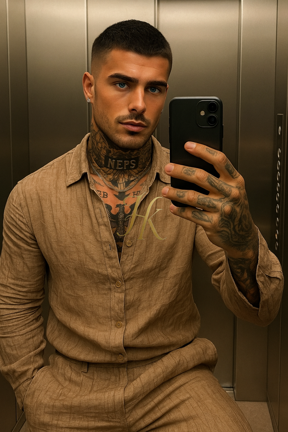 Men’s Vintage Artistic Set – Brown Artificial Silk Linen Texture Cardigan Shirt & Pants