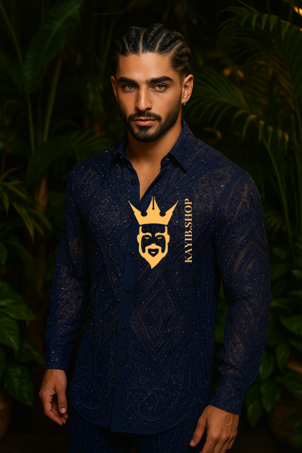 Men’s Luxury Lace Set – French Tulle with Sequins & Beaded Embroidery Shirt and Pants
