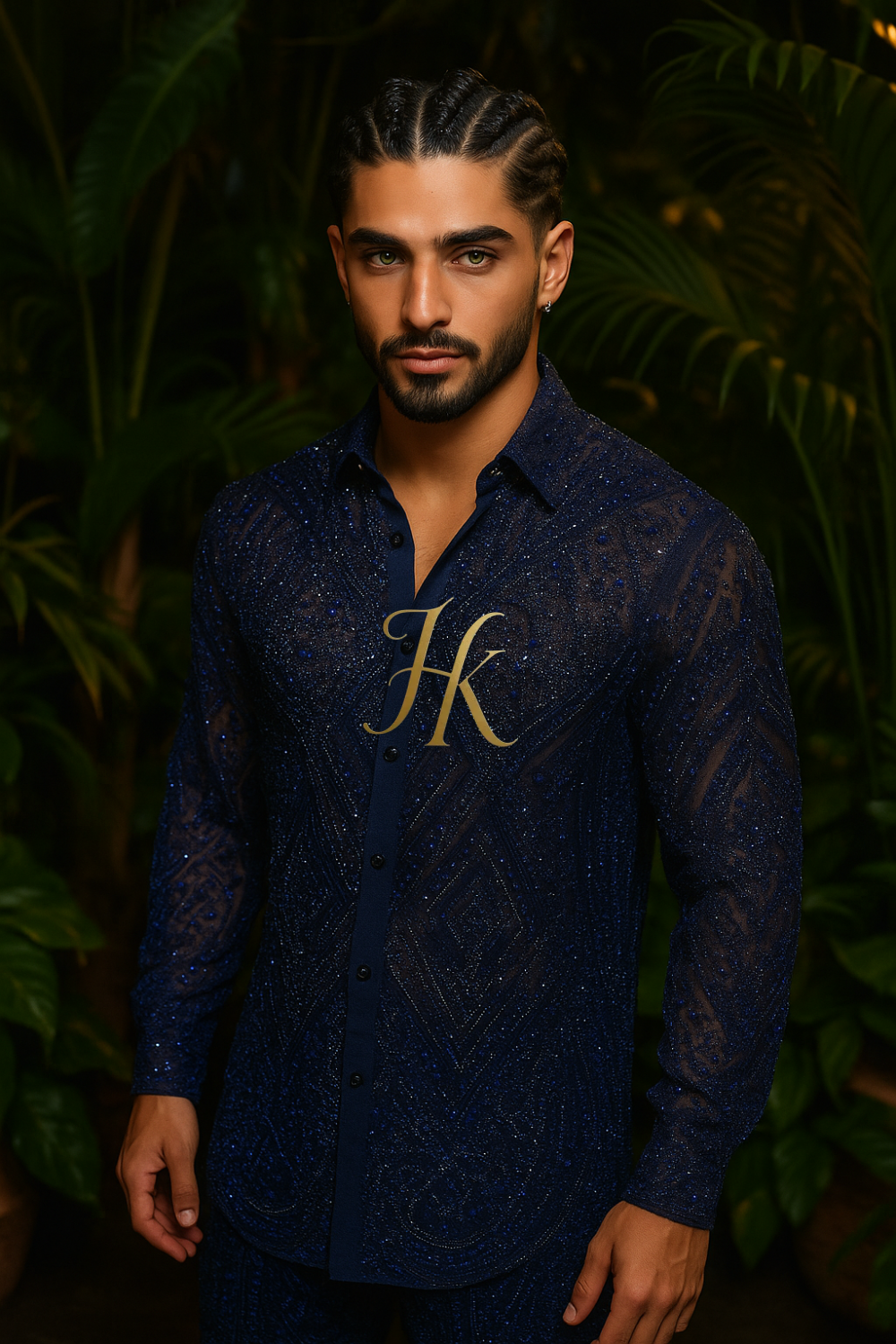 Men’s Luxury Lace Set – French Tulle with Sequins & Beaded Embroidery Shirt and Pants