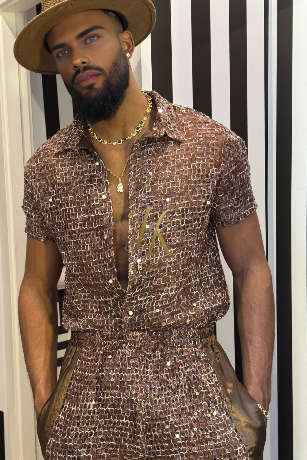 Velour Nights Mesh Shirt – Champagne Gold Elegance - kayibstrore