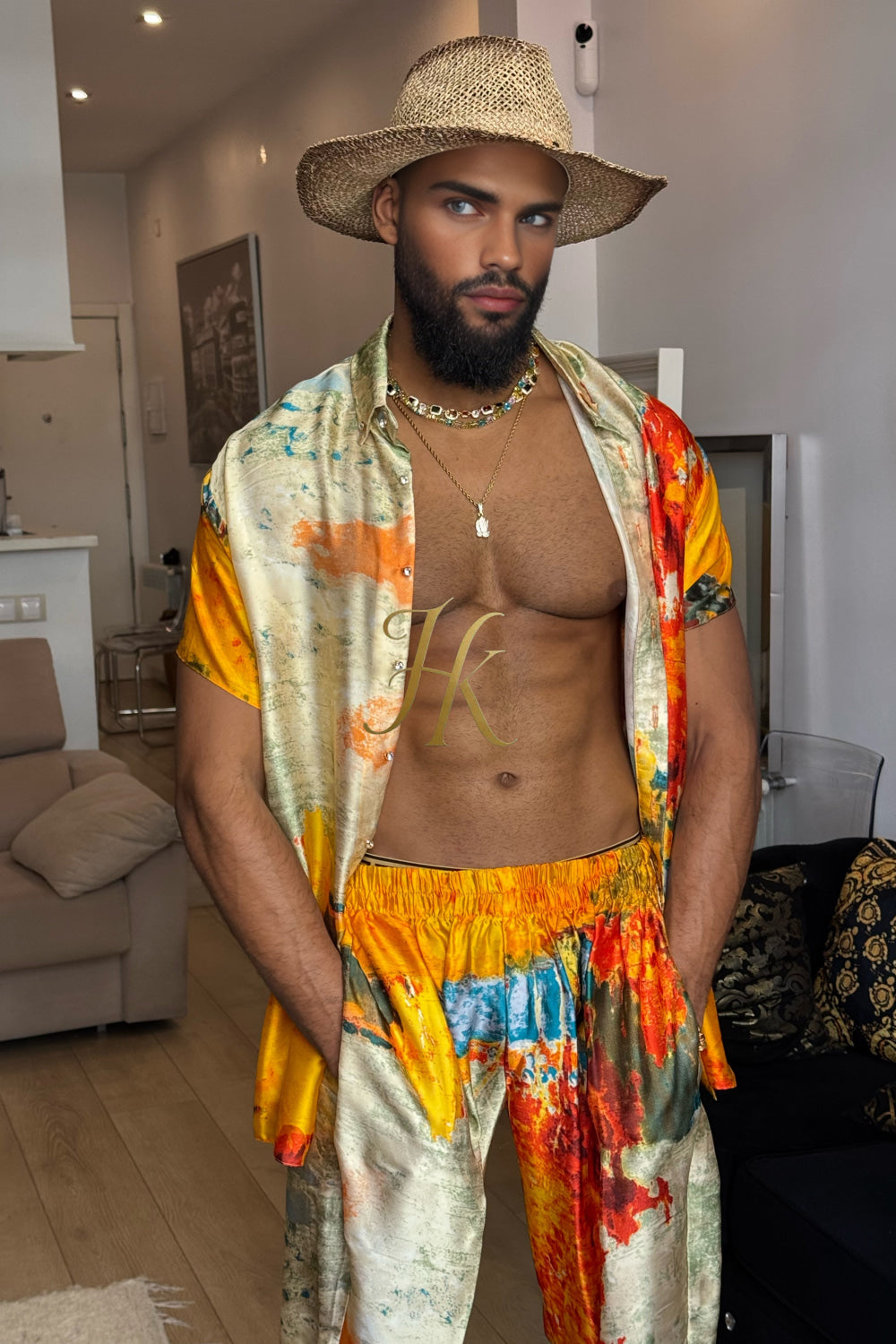 Golden Hour Elegance – Men’s Premium Silk Shirt & Pants Set - kayibstrore