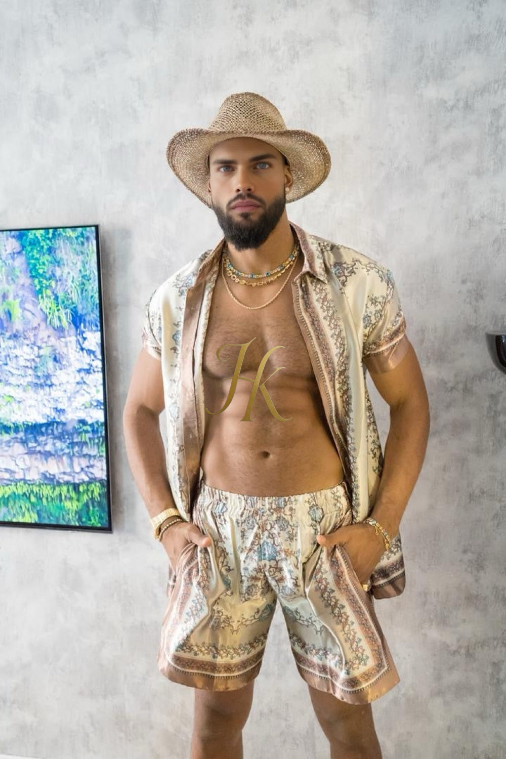 Luxury Boho Silk Shirt Set - Festival Outfit, Boho Handmade Men's Fashion - kayibstrore