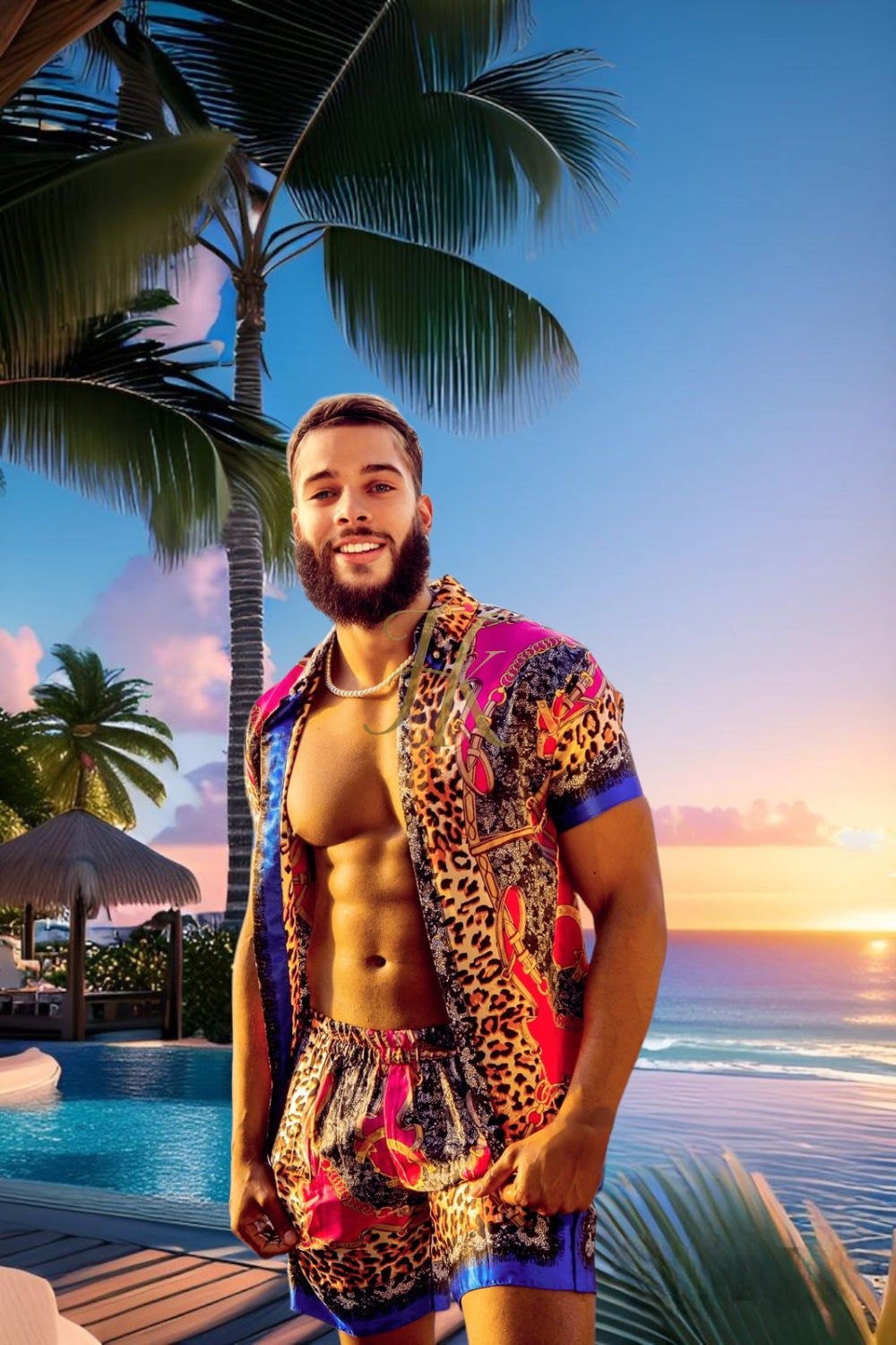 Pool Party Silk Dress Set Outfits - Exquisite Luxury Set in Barocco Print - Elevate Your Style with Pure Silk Comfort - kayibstrore