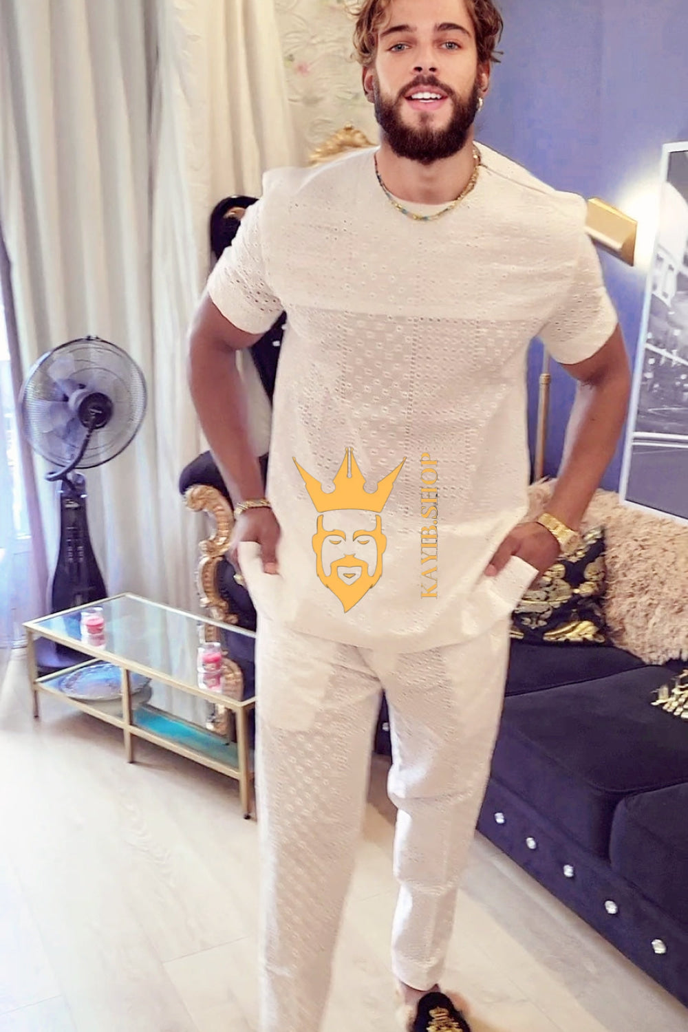 White Luxury Men's Lace Two-Piece Clothing: Sophisticated & Versatile Ensemble - kayibstrore