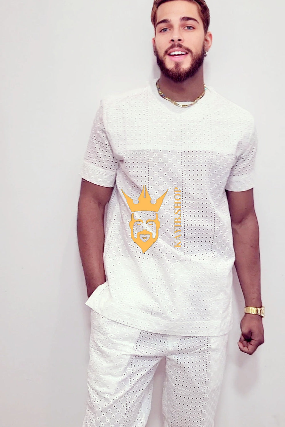 White Luxury Men's Lace Two-Piece Clothing: Sophisticated & Versatile Ensemble - kayibstrore