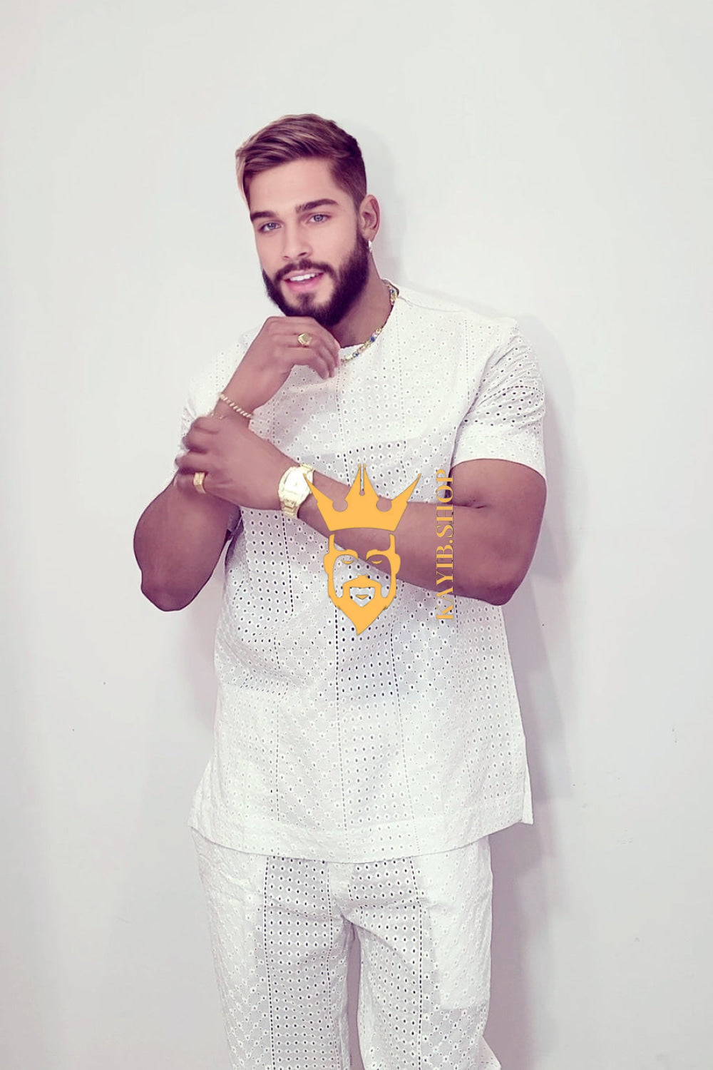 White Luxury Men's Lace Two-Piece Clothing: Sophisticated & Versatile Ensemble - kayibstrore