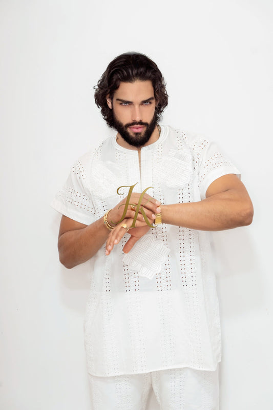 White Luxury Men's Lace Two-Piece Clothing: Sophisticated & Versatile Ensemble - kayibstrore