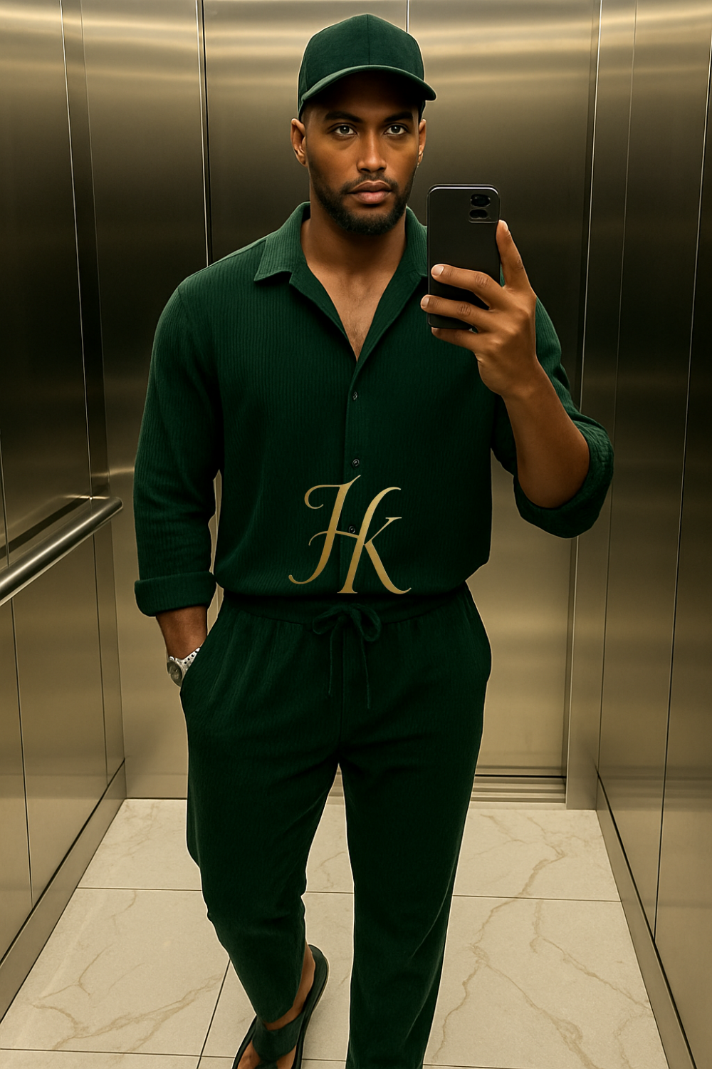 Green Men’s Two-Piece Shirt & Pants Set – Single-Breasted Top with Drawstring Straight Pants