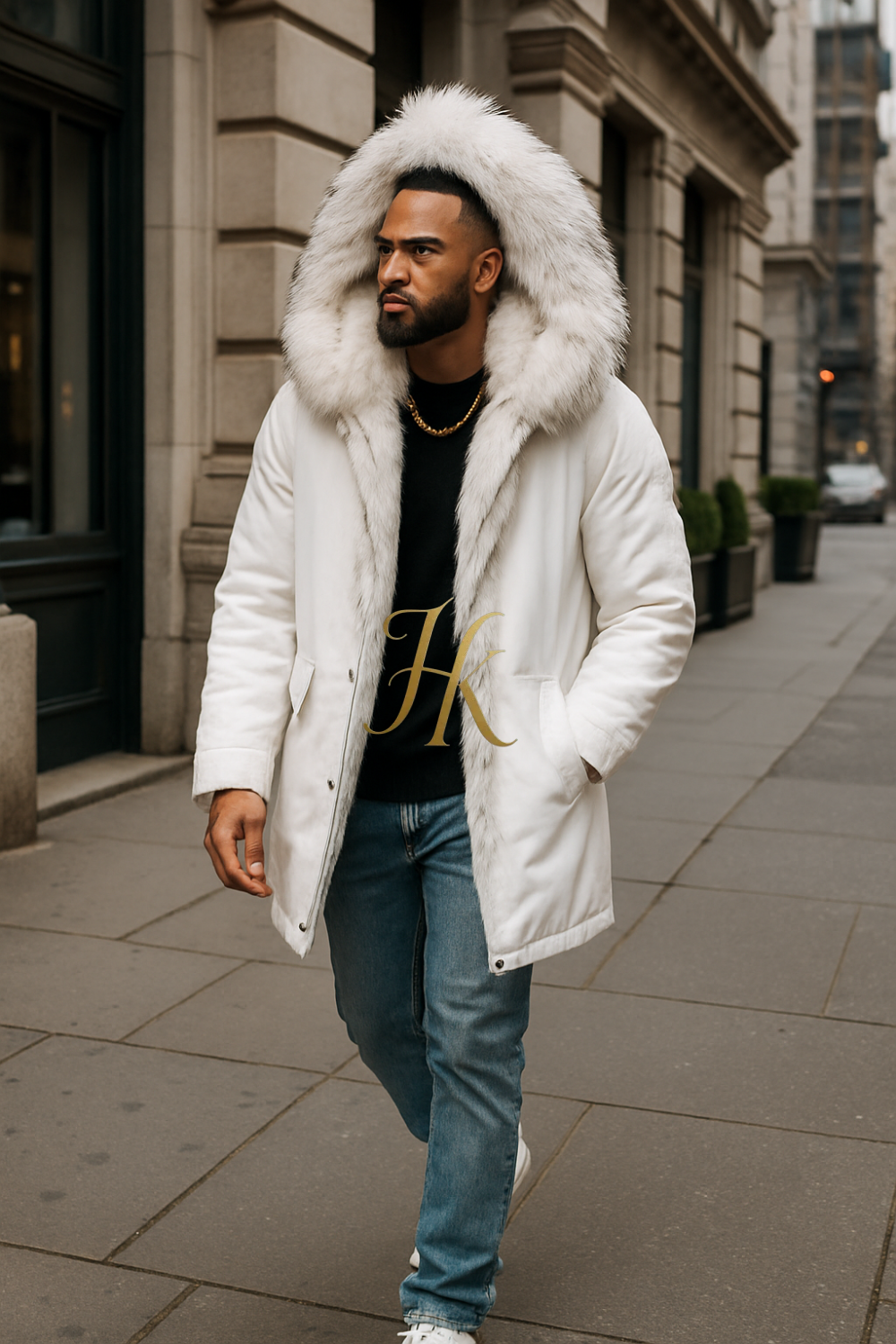 White Men's Luxury handmade fox fur Coats Parka