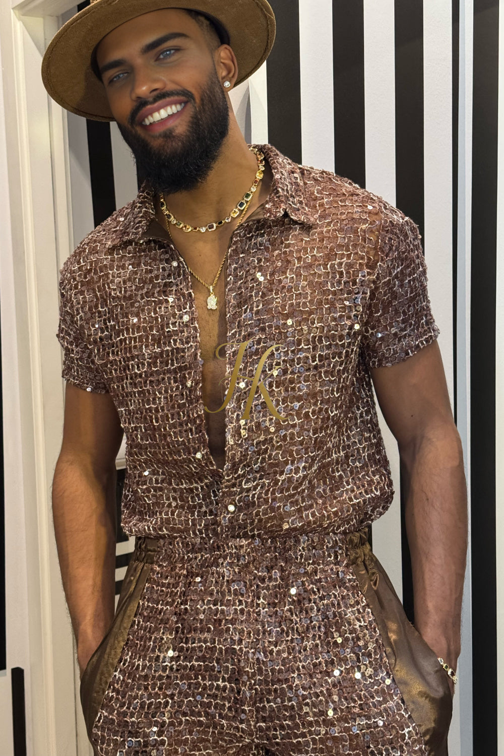 Velour Nights Mesh Shirt – Champagne Gold Elegance - kayibstrore