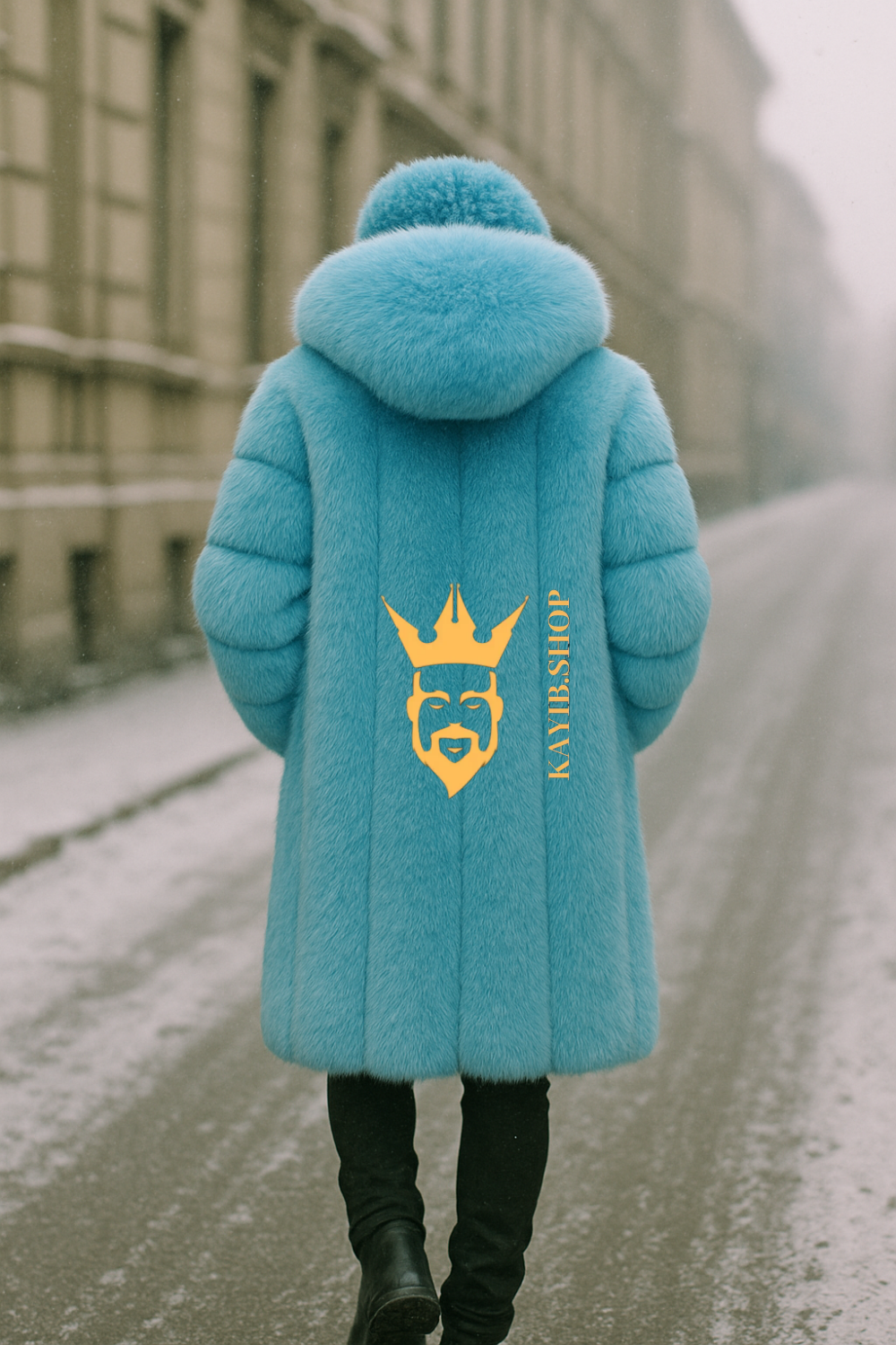 Men’s Light Blue Long Fox Fur Coat – Genuine Natural Fur Luxury Winter Outwear