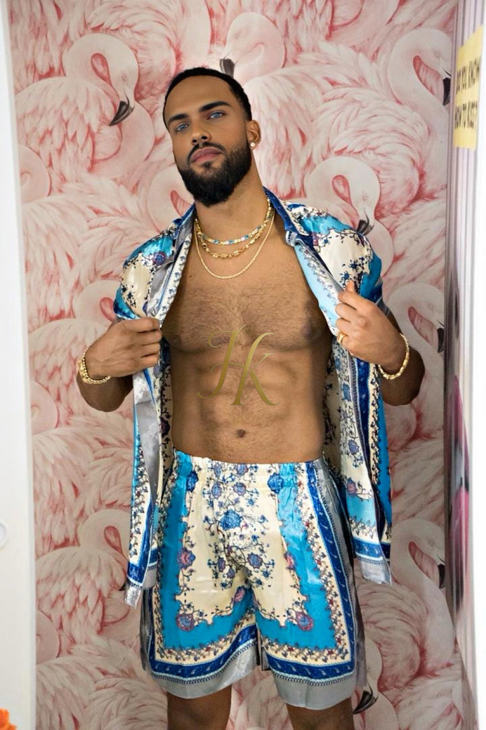 Luxury Boho Silk Shirt Set - Festival Outfit, Handmade Men's Fashion style for summer - kayibstrore