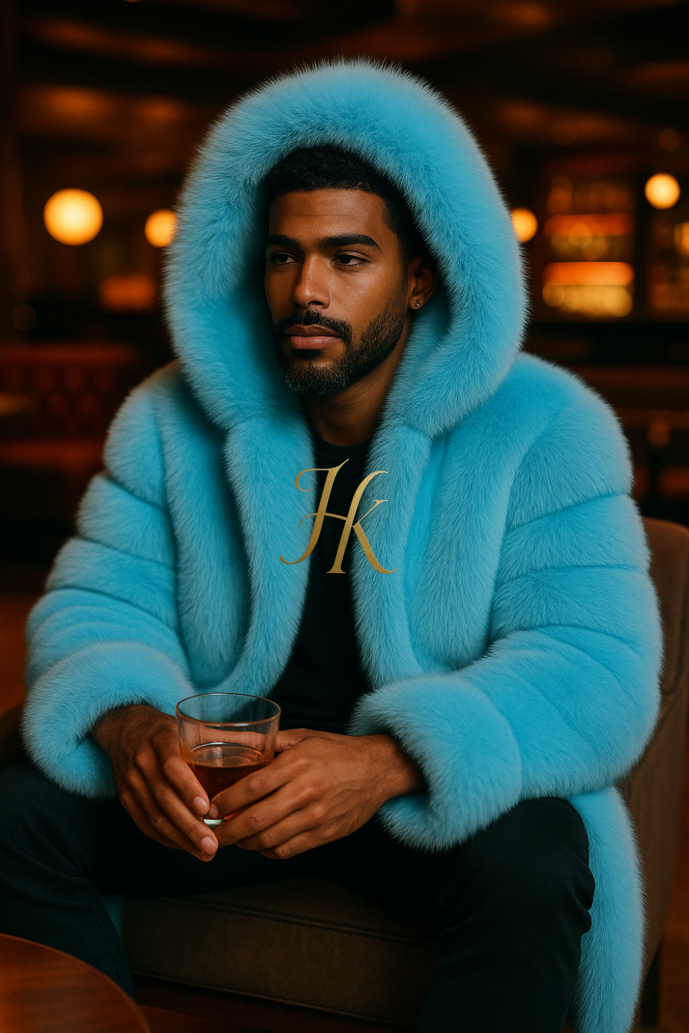 Men’s Light Blue Long Fox Fur Coat – Genuine Natural Fur Luxury Winter Outwear