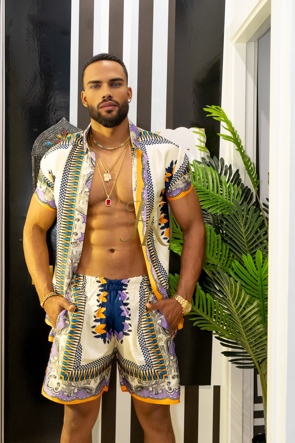 Luxury Boho Silk Shirt Set - Festival Outfit, Boho Summer Handmade Men's Fashion - kayibstrore