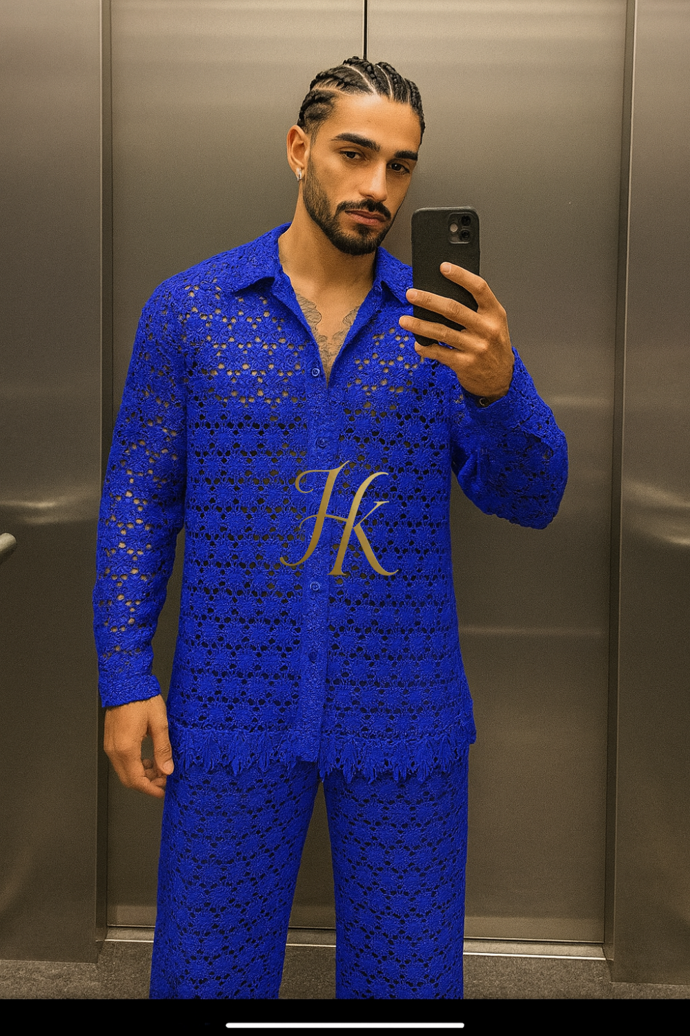 Men’s Luxury Embroidered Set – Water-Soluble Sequin Cotton Lace Shirt & Pants