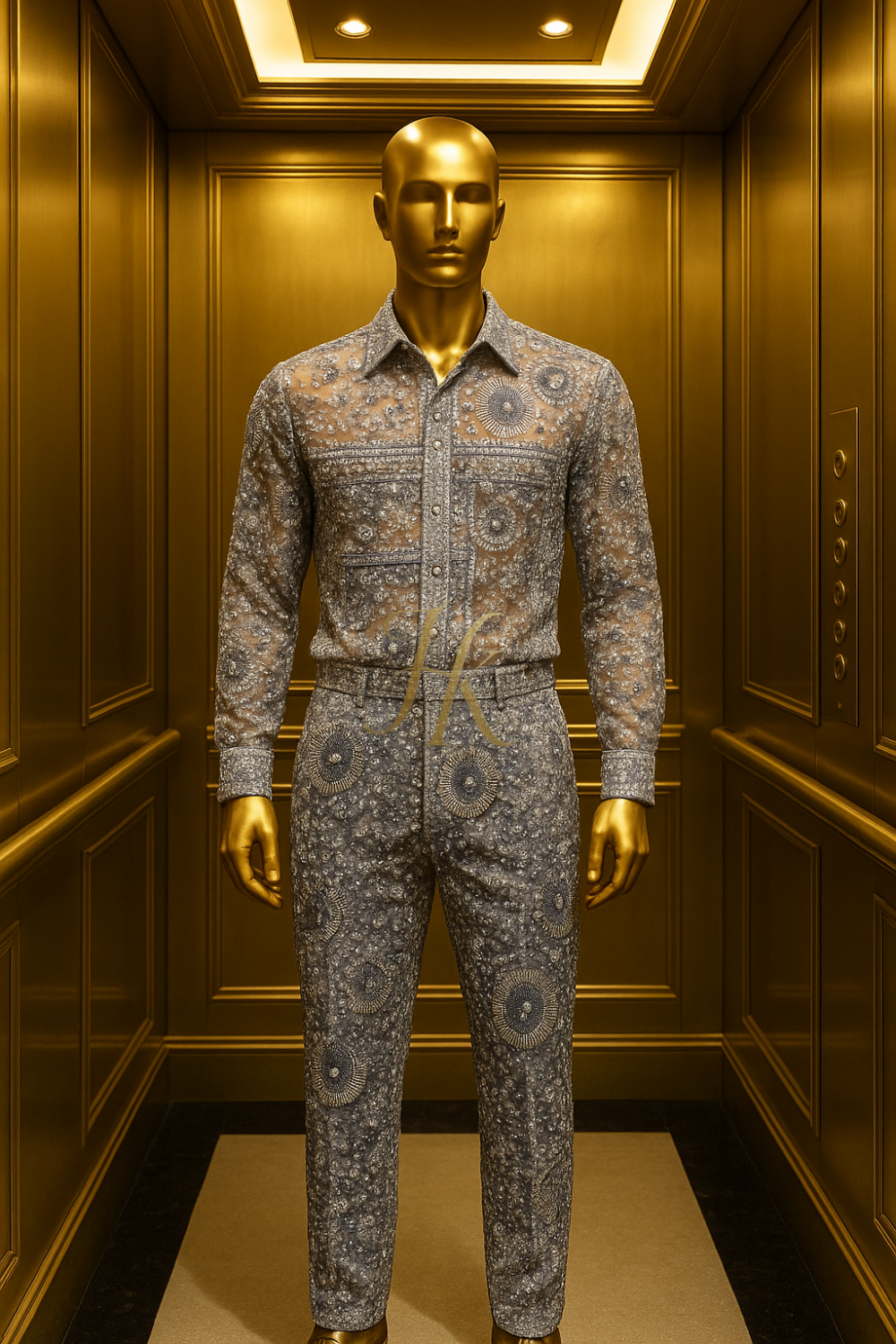 Men’s Luxury Beaded Lace Set – French Tulle with Pearls & Sequins Shirt and Pants